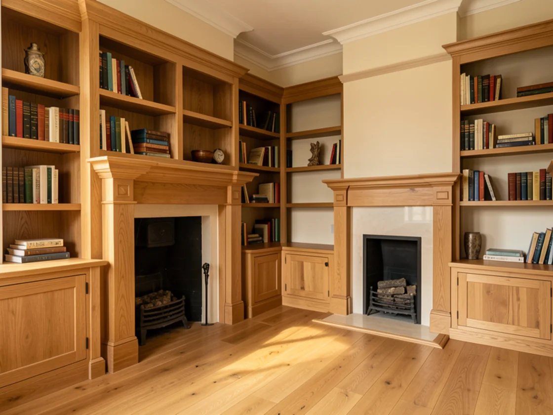 Bespoke oak carpentry and joinery featuring built-in bookcases, custom fireplace mantel, fitted cabinetry and wood flooring in a British period home