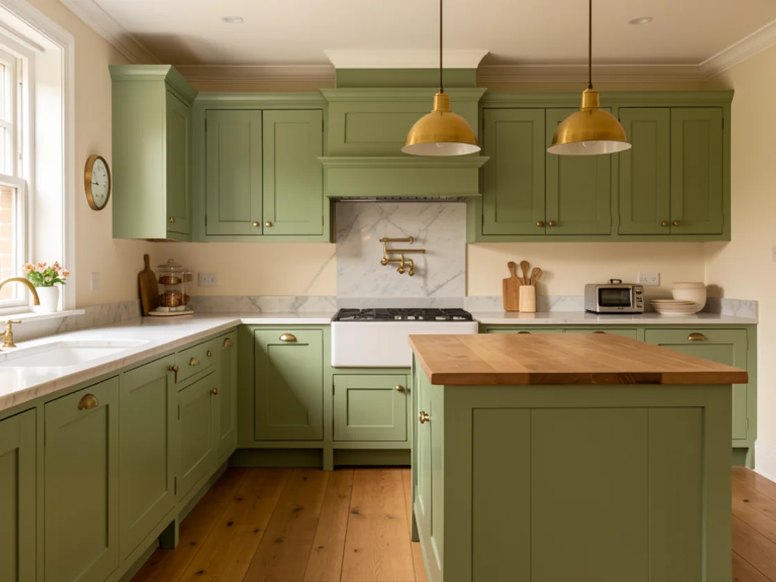Classic sage green shaker kitchen with brass hardware, marble worktops, wooden island and brass pendant lights