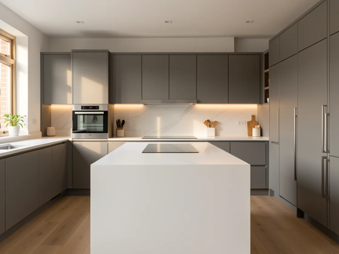 Contemporary kitchen with dark grey handleless cabinetry, white quartz worktops, central island and integrated appliances in warm natural light